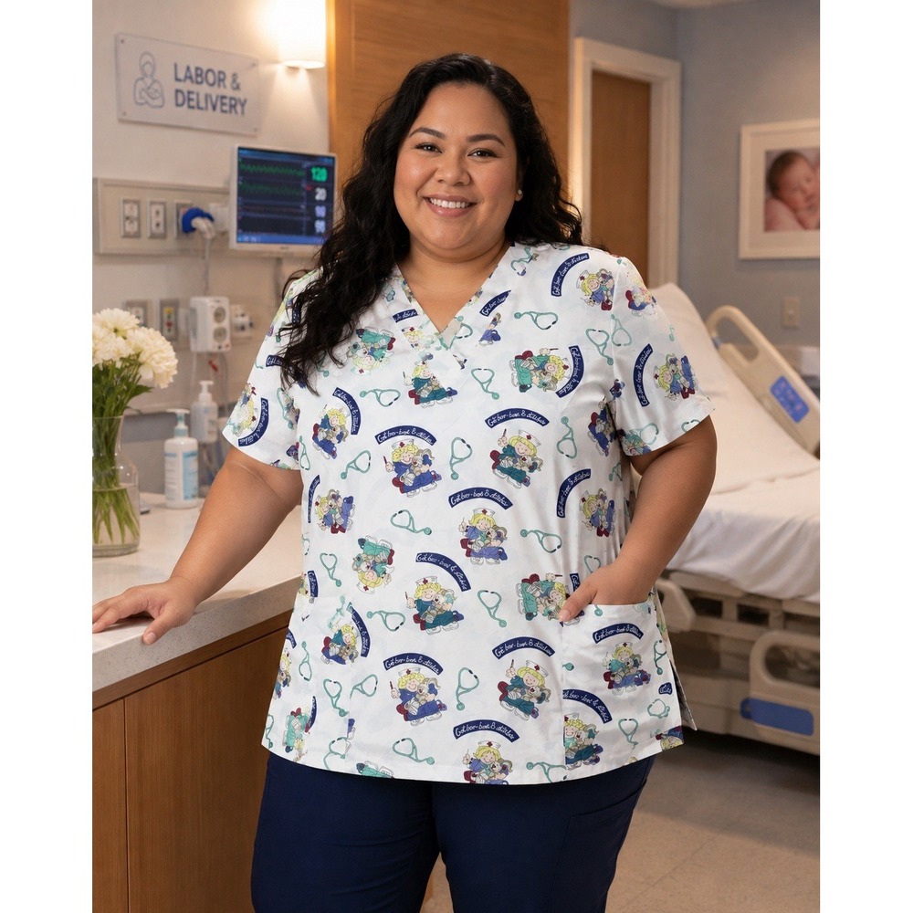 Fashion Scrubs Women's V Neck Scrub Top Plus Size 3XL Cute Nurse Stitching Bunny